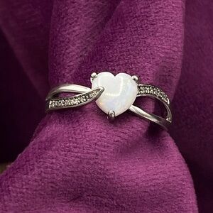 Opal and moissanite heart ring